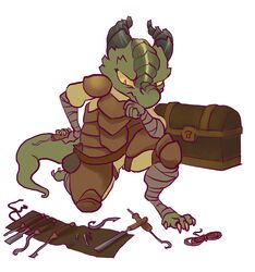  belt claws clothing female green_body green_scales hi_res horn kobold lockpick pavonisgiron scales scalie shoulder_pads simple_background solo yellow_eyes 