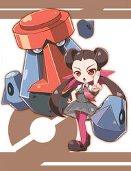  blush brown_hair chibi commentary_request dress eyebrows female forehead grey_dress hair_ornament hair_pulled_back highres long_hair looking_at_viewer mary_janes necktie open_mouth pantyhose photoshop_(medium) pink_eyes pink_legwear pointing pointing_at_viewer poke_ball_symbol pokemon pokemon_(creature) pokemon_oras probopass qixi_cui_xing roxanne_(pokemon) shoes twintails 