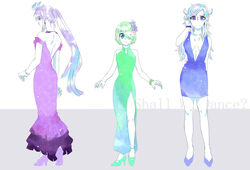  3girls ahoge blue_eyes blue_hair breasts commentary_request dress genderswap_(mtf) green_eyes green_hair hair_over_one_eye horns james_p._sullivan long_hair masaki_(star8moon) medium_breasts mike_wazowski monsters_inc. multiple_girls one-eyed personification ponytail purple_hair randall_boggs rule_63 slit_pupils smile 