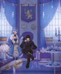  1boy armor bad_id bad_twitter_id berkut_(fire_emblem) black_armor blue_hair bouquet cake cape cup dress female fire_emblem fire_emblem_echoes:_shadows_of_valentia flower food gloves heraldry holding_hands indoors lijupy macaron rinea_(fire_emblem) sitting smile teacup teapot tiered_tray window 