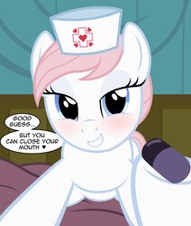  2018 badumsquish bed bedroom_eyes blue_eyes blush clothing dialogue drugs ellipsis english_text equid equine female friendship_is_magic furniture grin half-closed_eyes hasbro hat headgear headwear heart_symbol hi_res horse hospital looking_at_viewer mammal my_little_pony narrowed_eyes nurse nurse_clothing nurse_hat nurse_headwear nurse_redheart pills pony seductive smile smirk solo suppository talking_to_viewer text 