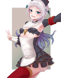  apron ar-khey armband armpits black_bra black_hat black_skirt black_sleeves blue_eyes bra breasts detached_sleeves female frilled_skirt frills grey_hair hat head_wings heart heart-shaped_pupils high-waist_skirt highres indie_virtual_youtuber long_hair mole mole_under_mouth open_mouth pochimaru_(vtuber) pochimaru_(vtuber)_(3rd_costume) red_armband red_thighhighs sharp_teeth skirt small_breasts solo symbol-shaped_pupils teeth tentacle_hair thighhighs underwear v virtual_youtuber white_apron wings 