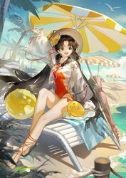  absurdres arm_up ball bare_legs beach beach_chair beach_umbrella beachball bird black_footwear black_jacket blue_eyes blue_sky breasts brown_hair cleavage closed_umbrella cloud coconut collared_jacket commentary cross-laced_clothes cross-laced_one-piece_swimsuit cross-laced_sleeves day enmusubi_no_kami_(onmyoji) female flower flower_knot frilled_sleeves frills full_body gudetama hair_flower hair_ornament hair_ribbon hat heart highres jacket knee_up layered_sleeves leg_ribbon long_hair long_sleeves looking_at_viewer multicolored_hair neck_ribbon on_chair one-piece_swimsuit onmyoji open_clothes open_jacket open_mouth orange_one-piece_swimsuit orange_ribbon outdoors palm_leaf palm_tree pink_umbrella red_hair red_ribbon ribbon ruoganzhao sandals sanrio see-through see-through_sleeves shore side_slit simple_bird sitting sky sleeves_past_wrists small_breasts smile solo straight_hair streaked_hair striped_umbrella sun_hat sunflower swimsuit teeth tree tress_ribbon two-tone_umbrella umbrella upper_teeth_only very_long_hair white_bird white_jacket white_sleeves white_umbrella yellow_flower yellow_hat yellow_umbrella 