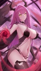  absurdres artist_name azur_lane black_cape breasts brown_panties brown_sleeves brown_thighhighs cape casting_spell chains commentary cowboy_shot demon_horns demon_tail detached_sleeves devonshire_(azur_lane) devonshire_(sadistic_demon)_(azur_lane) eeyoosekedooaat electricity female gem glowing glowing_eyes heart heart-shaped_pupils highres horns large_breasts long_hair looking_at_viewer magic navel official_alternate_costume panties purple_hair red_gemstone revealing_clothes see-through smile solo symbol-shaped_pupils tail thighhighs torn_clothes torn_thighhighs underwear yellow_eyes 