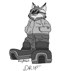  2023 among_us_drip anthro bottomwear clothing countershade_face countershading drip_(meme) eyewear felid feline hand_in_pocket humanoid inktober_2023 lynx male mammal meme monochrome oversized_bottomwear oversized_clothing oversized_pants pants pockets ricky_arts simple_background solo sunglasses white_background 