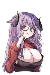  apron azur_lane black-framed_eyewear black_apron black_horns breasts cleavage cropped_torso curled_horns female friedrich_carl_(a_game_of_love)_(azur_lane) friedrich_carl_(azur_lane) highres horns huge_breasts long_hair looking_at_viewer mizudaru mole mole_on_breast mole_under_mouth official_alternate_costume parted_lips purple_eyes purple_hair red_sweater semi-rimless_eyewear simple_background solo sweater swept_bangs upper_body white_background 