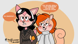  absurd_res anthro belt bickpixx black_clothing black_hair black_nose black_sweater black_topwear black_turtleneck blush blush_lines brown_clothing brown_coat brown_topwear buckteeth clothing coat countershading curled_tail dialogue digital_drawing_(artwork) digital_media_(artwork) domestic_cat duo english_text eyelashes felid feline felis female female/female freckled_face freckles frown hair hand_on_arm hi_res holly_richardson_(bickpixx) lidded_eyes mammal narrowed_eyes open_mouth open_smile orange_hair pink_ears pink_face pink_inner_ear pink_tail raised_tail rebecca_molly_(bickpixx) rodent round_nose sciurid signature smile speech_bubble sweater tail tan_ears tan_eyelids tan_face tan_inner_ear tan_tail teeth text topwear tree_squirrel trenchcoat tsundere turtleneck two_tone_face white_hairband 