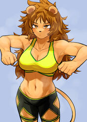  absurdres animal_ears animal_nose black_pants blue_background breasts brown_eyes brown_hair cleavage clenched_hands closed_mouth clothing_cutout collarbone female furry furry_female highres hip_vent kanke_(kank06020602) lion_ears lion_girl lion_tail long_hair lowleg lowleg_pants messy_hair navel original pants serious simple_background solo sports_bra sportswear stomach stretching tail toned underwear yellow_sports_bra 