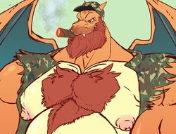  2020 absurd_res anthro anthrofied artist_name barazoku beard belly biceps big_biceps blue_eyes blue_wings body_hair brown_cigar camo camo_clothing camo_print charizard chest_hair cigar cigar_in_mouth claws close-up clothed clothing daddyfication digital_drawing_(artwork) digital_media_(artwork) dragon eyebrows facial_hair fan_character fangs generation_1_pokemon green_background green_clothing green_jacket green_topwear handwear hat headgear headwear hi_res horn jacket looking_aside looking_away male manly mature_anthro mature_male membrane_(anatomy) membranous_wings military military_cap military_clothing military_hat military_jacket military_uniform musclegut muscular muscular_arms mythological_creature mythological_scalie mythology navel nintendo nipples object_in_mouth orange_arms orange_body orange_eyebrows orange_face orange_horn orange_neck orange_toes orange_wings pattern_clothing pokemon pokemon_(species) pokemorph pokenerd8 red_beard red_chest_hair red_facial_hair reptile scalie sharp_teeth simple_background smoke smoking smoking_cigar snaggle_teeth snaggle_tooth solo tan_belly tan_chest teeth topwear two_tone_wings uniform unknown_character white_claws white_toe_claws wings zoom_in 