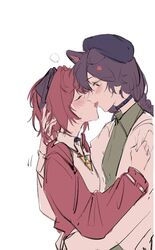  2girls ange_katrina animal_ears black_hat blank_speech_bubble braid chinese_commentary closed_eyes coat collar commentary_request dog_ears french_kiss green_shirt hand_on_another&#039;s_neck hat highres inui_toko kissing lingyi long_hair long_sleeves multiple_girls nijisanji purple_hair red_hair red_shirt shirt simple_background smile speech_bubble sweatdrop tongue tongue_out twin_braids upper_body virtual_youtuber white_background white_coat yuri 