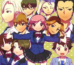  3girls 6+boys blonde_hair blue_eyes blue_hair bow bowtie brown_eyes brown_hair commentary_request formal fujiyama_arashi glasses green_eyes green_hair habataki_academy_school_uniform hanatsubaki_karen heart heart_background konno_tamao multiple_boys multiple_girls necktie niina_junpei osako_chikara outstretched_arms pink_hair pleated_skirt protagonist_(tokimemo_gs3) sakurai_kouichi sakurai_ruka school_uniform shitara_seiji short_hair skirt suit tokimeki_memorial tokimeki_memorial_girl&#039;s_side_3rd_story ugajin_miyo yamayu_(razikuro) 