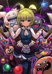  ascot black_eyes blonde_hair blue_skirt blue_thighhighs blunt_bangs blush_stickers bow bowtie cannibox chest_of_drawers commentary_request crown dracky drag-on_dragoon drag-on_dragoon_2 dragon_quest dragon_quest_x expressionless fangs female frown glowing glowing_eyes goodybag_(dragon_quest) holding_hands imp_(dragon_quest) long_sleeves long_tongue looking_at_viewer monster monster_master_(dragon_quest_x) moumon purple_eyes ribbon_trim sack sharp_teeth short_hair skirt skirt_set solo staff striped_clothes striped_thighhighs teeth thighhighs toi_(toiot) tongue tongue_out vertical-striped_clothes vertical-striped_thighhighs yellow_eyes zettai_ryouiki 