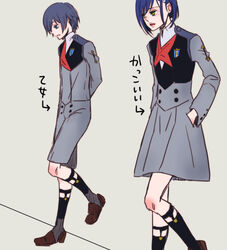  1boy arms_behind_back blue_eyes blue_hair brown_footwear couple darling_in_the_franxx female green_eyes hair_ornament hairclip hand_in_pocket hiro_(darling_in_the_franxx) ichigo_(darling_in_the_franxx) long_sleeves military military_uniform necktie one_leg_raised red_neckwear sakuragouti shoes short_hair socks straight translation_request uniform white_hairclip 