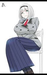  anna_nishikinomiya aqua_eyes blazer blue_skirt breasts commentary_request female hairband highres huge_breasts jacket letterboxed libre long_skirt pantyhose pleated_skirt school_uniform shimoneta_to_iu_gainen_ga_sonzai_shinai_taikutsu_na_sekai short_hair sitting skirt smile solo translated v_arms white_hair 