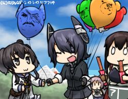  0_0 4girls :3 :d akagi_(kancolle) aoba_(kancolle) balloon black_hair camera character_balloon churro closed_eyes commentary_request dated eating eyepatch fullmetal_alchemist hamu_koutarou headgear kantai_collection king_bradley multiple_girls open_mouth smile tenryuu_(kancolle) tokitsukaze_(kancolle) translated v-shaped_eyebrows |_| 