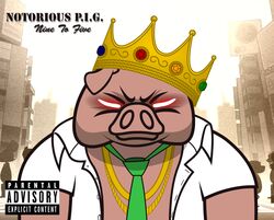  aggretsuko album_cover clothed clothing cover crown director_ton domestic_pig english_text headgear jewelry lockerobster male mammal necklace necktie open_clothing open_shirt open_topwear parental_advisory parental_advisory_sticker parody sanrio shirt solo suid suina sus_(pig) text topwear 