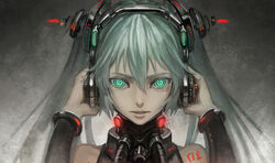  aqua_eyes aqua_hair bare_shoulders bryanth commentary_request english_commentary female glowing glowing_eyes hands_on_headphones hatsune_miku highres long_hair long_sleeves looking_at_viewer mixed-language_commentary parted_lips photoshop_(medium) ringed_eyes solo tattoo twintails upper_body vocaloid 