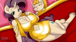  16:9 2014 anthro anthrofied big_breasts blue_eyes bow_(disambiguation) breasts cleavage clothed clothing cutie_mark domestic_cat dress duo equid equine felid feline felis female friendship_is_magic fur furniture hair hasbro horn kloudmutt looking_at_viewer mammal my_little_pony mythological_creature mythological_equine mythology navel opalescence_(mlp) purple_hair rarity_(mlp) scarf sofa unicorn white_body white_fur widescreen yellow_eyes 