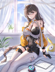  absurdres asymmetrical_clothes bare_shoulders black-framed_eyewear black_gloves braid breasts brown_eyes brown_hair chinese_commentary cleavage commentary_request curtains earrings entropy_(honkai_impact_3rd) female female_dreamseeker_(honkai_impact) glasses gloves highres holding homu_(honkai_impact) honkai_(series) honkai_impact_3rd indoors jacket jewelry large_breasts long_hair long_sleeves looking_at_viewer orange_jacket parted_lips pen plant semi-rimless_eyewear single_braid sitting solo stuffed_toy thighhighs very_long_hair white_thighhighs window ying_ling yo-yo 