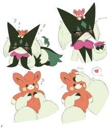  ambiguous_gender anthro biped blush duo fur generation_9_pokemon green_body green_fur heart_symbol hi_res loaf meowscarada nintendo orange_body orange_fur pawmi pink_eyes pokemon pokemon_(species) speech_bubble suru56nee 