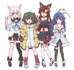  4girls animal_ears ankle_garter arms_behind_back black_bra black_pantyhose black_shirt black_shorts black_skirt black_thighhighs blue_eyes blue_hair bow bra bridal_garter brown_hair carrot coat coat_dress cosplay detached_sleeves dog_ears dog_girl dog_tail don-chan_(usada_pekora) dress earclip footwear_bow fox_ears fox_shadow_puppet full_body fur-trimmed_coat fur_scarf fur_trim green_hair highres hololive hood hoodie imaizumi_kagerou inubashiri_momiji inugami_korone inugami_korone_(1st_costume) inugami_korone_(cosplay) kasodani_kyouko looking_at_viewer multiple_girls ookami_mio ookami_mio_(1st_costume) ookami_mio_(cosplay) pantyhose puffy_detached_sleeves puffy_short_sleeves puffy_sleeves rabbit_ears red_eyes scarf seiran_(touhou) shirakami_fubuki shirakami_fubuki_(1st_costume) shirakami_fubuki_(cosplay) shirt short_dress short_sleeves shorts single_thighhigh skirt smile tail thigh_strap thighhighs touhou underwear usada_pekora usada_pekora_(1st_costume) usada_pekora_(cosplay) virtual_youtuber white_background white_bow white_coat white_dress white_footwear white_hair white_hoodie white_scarf white_sleeves wolf_ears wolf_girl wolf_tail wool_(miwol) 