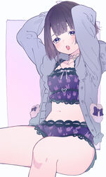  :o absurdres animal_print arms_behind_head blue_eyes brown_hair cardigan collarbone commentary_request feet_out_of_frame female frilled_shirt frilled_shorts frills fur-trimmed_cardigan fur_trim grey_cardigan highres legs_apart long_sleeves looking_at_viewer midriff navel nijisanji open_cardigan open_clothes open_mouth pink_background print_shirt print_shorts purple_shirt purple_shorts rabbit_print shirt short_hair shorts sidelocks sleeveless sleeveless_shirt solo stomach teeth thighs tsukino_mito tsukino_mito_(loungewear) two-tone_background upper_teeth_only valentine_(02140314c) virtual_youtuber white_background 