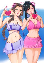  2girls absurdres aerith_gainsborough aerith_gainsborough_(pink_mermaid) bandeau bikini bikini_skirt black_hair braid braided_ponytail breasts brown_hair cleavage cosplay costume_switch final_fantasy final_fantasy_vii final_fantasy_vii_rebirth final_fantasy_vii_remake flower frilled_bikini frills hair_flower hair_ornament heart heart_hands heart_in_heart_hands highres large_breasts looking_at_viewer medium_breasts multiple_girls official_alternate_costume official_alternate_hairstyle pink_bikini red_draws5 smile strapless strapless_bikini swimsuit tifa_lockhart tifa_lockhart_(shining_spirit) 