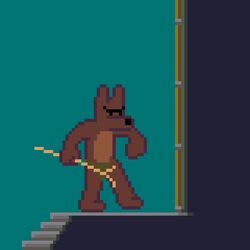  1:1 ambiguous_gender angry animated anthro bandage bandaged_head battering_ram bottomwear brown_body canid canine canis clothed clothing cross-popping_vein dark_souls digital_media_(artwork) domestic_dog door duo faceplant fromsoftware hat head_injury headgear headwear holding_object holding_weapon hollow_(dark_souls) humanoid humor iconography impact_lines jumping kawa_kir_(artist) loincloth loincloth_only loop male mammal melee_weapon nurse_clothing nurse_hat nurse_headwear on_one_leg open_mouth opening_door pinscher pinscher_(pinscher_5d) pinscher_5d pixel_(artwork) pixel_animation red_eyes removing_bandage rock sculpture short_playtime simple_background sitting slapstick snout stairs standing statue stick sweatdrop_(iconography) topless walking weapon 