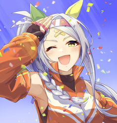  417_(shiina) animal_ears armpits bandaid bandaid_on_face bandaid_on_forehead black_gloves blue_sky braid breasts commentary_request confetti ear_covers female fingerless_gloves flying_sweatdrops gloves hair_ornament hairband highres horse_ears horse_girl horse_tail long_hair long_sleeves looking_at_viewer multicolored_hair one_eye_closed orange_shirt outdoors parted_lips pink_hairband reaching reaching_towards_viewer salute shirt side_ponytail sidelocks skin_tight sky small_breasts smile solo sonon_elfie_(umamusume) standing streaked_hair sweat tail umamusume v-shaped_eyebrows yellow_eyes 