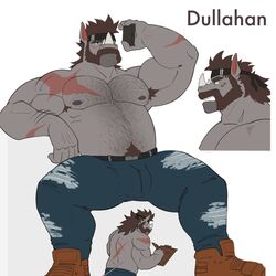  1:1 2024 anthro arm_hair arm_scar armpit_hair back_scar bandana beard belly_hair belt biceps blue_eyes body_hair boots bottomwear brown_hair bulge cellphone chest_hair clothed clothing denim denim_bottomwear denim_clothing drawreshi dullahan_(drawreshi) electronics facial_hair facial_scar footwear forearm_hair forearms hair happy_trail hi_res jeans jeans_only kerchief male mammal manly model_sheet moustache mullet musclegut muscular nipples pants pecs phone pubes rhinoceros scar shoulder_scar simple_background slightly_chubby smartphone solo topless torn_bottomwear torn_clothing torn_jeans torn_pants triceps white_background 