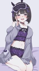  :d absurdres akasa_(aks_orz) black_eyes black_hair blush cropped_shirt eye_mask female frilled_shirt frilled_shorts frills full_body fur-trimmed_jacket fur_trim grey_jacket hand_on_own_cheek hand_on_own_face highres jacket long_sleeves looking_at_viewer midriff navel nijisanji open_clothes open_jacket open_mouth purple_shirt purple_shorts seiza shirt short_hair shorts sidelocks sitting sleep_mask sleeves_past_fingers sleeves_past_wrists smile solo stomach teeth tsukino_mito tsukino_mito_(loungewear) upper_teeth_only virtual_youtuber 