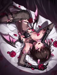  bare_shoulders black_gloves black_hair black_thighhighs bow breasts commentary covered_navel demon_girl elbow_gloves female fine_fabric_emphasis flower garter_straps gem gloves highres horns kira_(kira78718520) long_hair mini_wings multicolored_hair original pink_bow pink_eyes pink_hair pink_horns red_flower red_rose rose see-through sidelocks small_breasts smile solo thighhighs two-tone_hair wings 