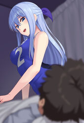  1boy arched_back bare_shoulders bed bedside blue_eyes blue_hair blurry blurry_foreground breasts commentary_request cowboy_shot depth_of_field female female_pervert from_below hair_between_eyes huyumitsu indoors jersey long_hair looking_at_another lying medium_breasts naughty_face on_back open_mouth original paid_reward_available pervert shirt short_shorts shorts sidelocks sideways_glance sleep_molestation sleeping sleeveless smile sportswear tank_top tight_clothes tight_shirt 