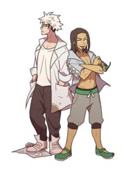  2boys bespectacled black_hair brown_hair brown_pants capri_pants collarbone commentary facial_hair glasses goatee green_footwear guzma_(pokemon) hood hooded_jacket jacket kukui_(pokemon) lab_coat looking_at_viewer male_focus medium_hair multicolored_hair multiple_boys open_clothes open_jacket pants parted_lips pokemon pokemon_sm shirt shoes short_sleeves smile ssalbulre standing two-tone_hair undercut white_hair white_shirt 