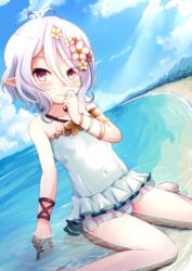  absurdres antenna_hair beach blue_sky blush bracelet closed_mouth cloud cloudy_sky collarbone commentary_request covered_navel day dutch_angle elf female finger_to_mouth flower frilled_one-piece_swimsuit frills grey_eyes hair_between_eyes hair_flower hair_ornament highres horizon jewelry kokkoro_(princess_connect!) kokkoro_(summer)_(princess_connect!) looking_at_viewer nyxerebos ocean one-piece_swimsuit outdoors pointy_ears princess_connect! shallow_water short_hair sidelocks sitting sky smile solo split_mouth swimsuit wariza water white_hair white_one-piece_swimsuit 