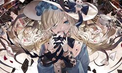  alice_(arcaea) arcaea black_bow black_bowtie blonde_hair blue_bow blue_eyes bow bowtie card chess_piece commentary cup female gloves hair_over_one_eye hands_up hat hat_bow hat_ornament heart highres holding holding_card king_(chess) knight_(chess) long_hair long_sleeves pawn_(chess) playing_card solo sun_hat teacup tsubaki_(yi) upper_body white_gloves white_hat wilted_flower 