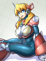  alia_(mega_man) android arm_support blonde_hair blue_eyes breasts cleavage commentary english_commentary eyebrows eyelashes female gloves hair_between_eyes headset highres large_breasts long_hair looking_at_viewer mega_man_(series) mega_man_x_(series) minster_(dooke) open_mouth robot_ears shadow simple_background sitting smile solo teeth thick_thighs thighs tongue white_gloves wide_hips 