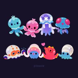  :&gt; :&lt; animal_focus artist_name black_eyes blue_background blue_eyes clobbopus closed_mouth commentary frillish frillish_(female) frillish_(male) frown heart holding_hands inkay looking_at_another looking_at_viewer nihilego no_humans octillery omanyte photoshop_(medium) pikaole pokemon red_eyes simple_background smile solid_circle_eyes tentacle tentacruel watermark 