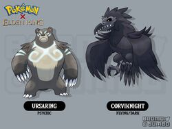  artist_name bear bird bromojumbo character_name copyright_name corviknight crossover elden_ring full_body fusion giant_crow_(elden_ring) grey_background highres no_humans pokemon pokemon_(creature) rune_bear_(elden_ring) ursaring 