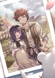  1boy absurdres ayacho belt black_hair brown_eyes brown_hair couple female gran_(granblue_fantasy) granblue_fantasy granblue_fantasy_(style) hand_on_another&#039;s_shoulder highres house mountain mouse_(animal) one_eye_closed photo_(object) pregnant red_eyes smile straight thank_you vest vikala_(granblue_fantasy) 