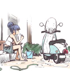  blue_hair bucket commentary_request female flip-flops hair_bun highres hose hot motor_vehicle n2midori outdoors puddle sandals scooter shima_rin single_hair_bun sitting solo sweat washing_vehicle wet yamaha_vino yurucamp 