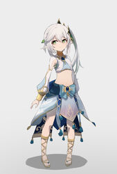  absurdres alternate_costume arabian_clothes blue_gemstone blush bracer braid closed_mouth commentary_request cosplay crop_top detached_sleeves eyelashes female flat_chest flip-flops gem genshin_impact gladiator_sandals gold_choker green_eyes grey_background hair_ornament harem_outfit highres jewelry leaf long_sleeves looking_at_viewer midriff nahida_(genshin_impact) navel neck_ring nilou_(genshin_impact) nilou_(genshin_impact)_(cosplay) pointy_ears puffy_long_sleeves puffy_sleeves qixia sandals side_ponytail simple_background single_braid smile solo standing stomach symbol-shaped_pupils tassel white_hair 