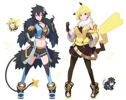  2girls animal_ears black_eyes black_gloves black_hair black_pantyhose black_shorts blonde_hair blue_footwear boots breasts choker cleavage collarbone gloves highres large_breasts luxray multiple_girls navel oerba_yun_fang pantyhose personification pikachu pokemon red_eyes sakuragi_raia short_hair shorts simple_background tail thighhighs unzipped white_background zipper zipper_pull_tab 