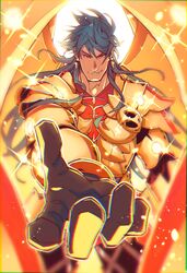  1boy absurdres armor bloom closed_mouth dark_skin earrings fate/grand_order fate_(series) glowing glowing_armor glowing_eyes gold_armor highres jewelry koryuu_(gackter10) light long_hair looking_at_viewer male_focus outstretched_arm outstretched_hand red_eyes romulus_quirinus_(fate) smile solo sparkle 