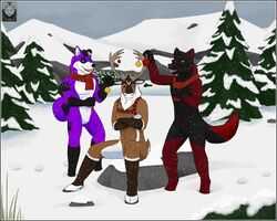  anthro avoid_posting canid canine canis cervine christmas darkfool. decoration deer domestic_dog elkhound group holidays iskko landscape male mammal new_world_deer pawalo plant reindeer sarou scarf scenery snow spitz tree winter wolf 