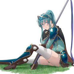  absurdres alternate_costume aqua_hair armor armored_boots black_cape blue_eyes boots brown_gloves cape commentary cosplay earrings eirika_(fire_emblem) eirika_(pledged_restorer)_(fire_emblem) english_commentary ephraim_(fire_emblem) ephraim_(fire_emblem)_(cosplay) female fire_emblem fire_emblem:_the_sacred_stones fire_emblem_heroes gloves grass highres holding holding_polearm holding_weapon jewelry lips long_hair long_sleeves looking_at_viewer miniskirt official_alternate_costume parted_lips polearm ponytail sabergoetia shoulder_armor sidelocks simple_background sitting skirt solo spear teeth thighhighs weapon white_background white_skirt white_thighhighs 