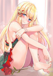  barefoot bead_necklace beads black_bow blonde_hair blue_eyes blush bow breasts closed_mouth dress elf feet female hair_ornament hairbow hands_on_feet highres jewelry konka large_breasts long_hair looking_at_viewer nail_polish necklace pointy_ears princess_connect! saren_(christmas)_(princess_connect!) saren_(princess_connect!) smile solo strapless strapless_dress toenail_polish toenails toes toes_up 