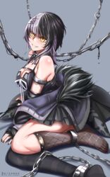  absurdres black_choker black_dress black_hair black_liquid black_nails breasts chains chest_belt choker cleavage coat dress feet female fur_trim grey_background grey_hair hair_ornament highres hololive hololive_english jacket large_breasts multicolored_hair shiori_novella shiori_novella_(1st_costume) smile solo split-color_hair the_raineman two-tone_hair virtual_youtuber yellow_eyes 