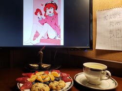  2d_dating absurdres ass badge bird blueberry bulletin_board buruma chocolate_chip_cookie cookie cup desk english_commentary english_text female food from_below fruit heart highres indoors jacket jakuzure_nonon kill_la_kill lined_paper mandarin_orange monitor once_11h open_mouth paint.net_(medium) paper photo_(medium) plate saucer shoes sitting sneakers solo strawberry swan tea teacup teapot teeth track_jacket 