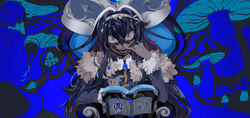  absurdres black_hair blue_background blue_hair book brooch coat commentary_request female fur-trimmed_coat fur-trimmed_sleeves fur_trim hat highres hololive hololive_china jewelry king_(vocaloid) long_hair long_sleeves looking_at_viewer mianbao_yao_a_yao monocle mushroom official_art phoenix_crown rosalyn_(hololive) solo straight-on teeth variant_set virtual_youtuber 